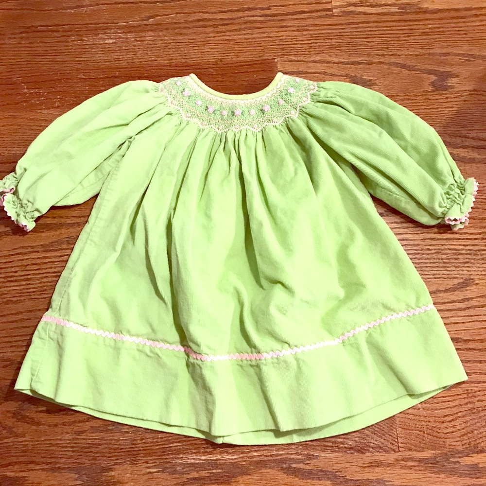 Petit Babe Smocked Corduroy Dress w/ Pink Rose